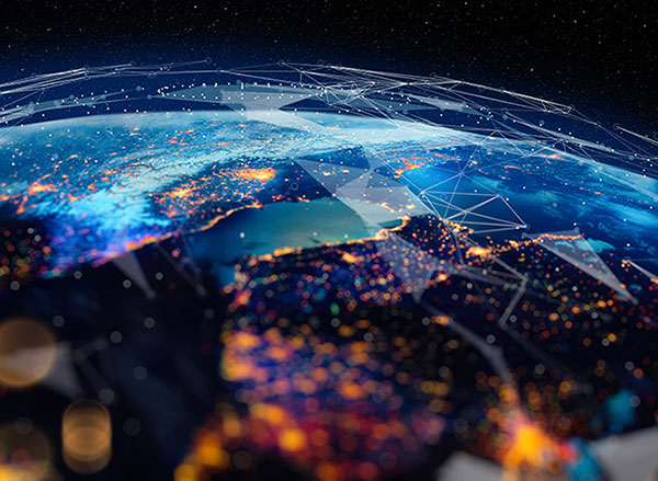 Aerial view of the world with digital connections across the globe